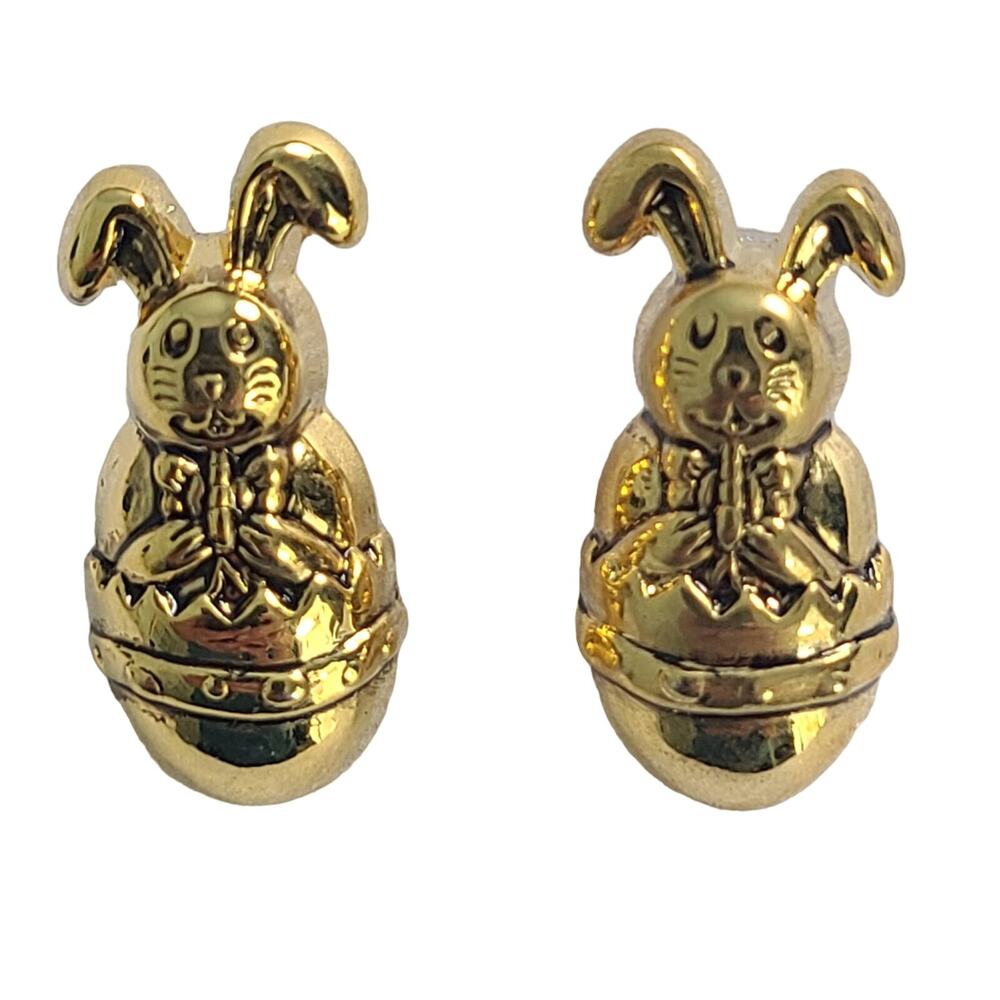 Vintage Best Easter Bunny Egg Gold tone Metal Stud Earrings 1" NEW Deadstock